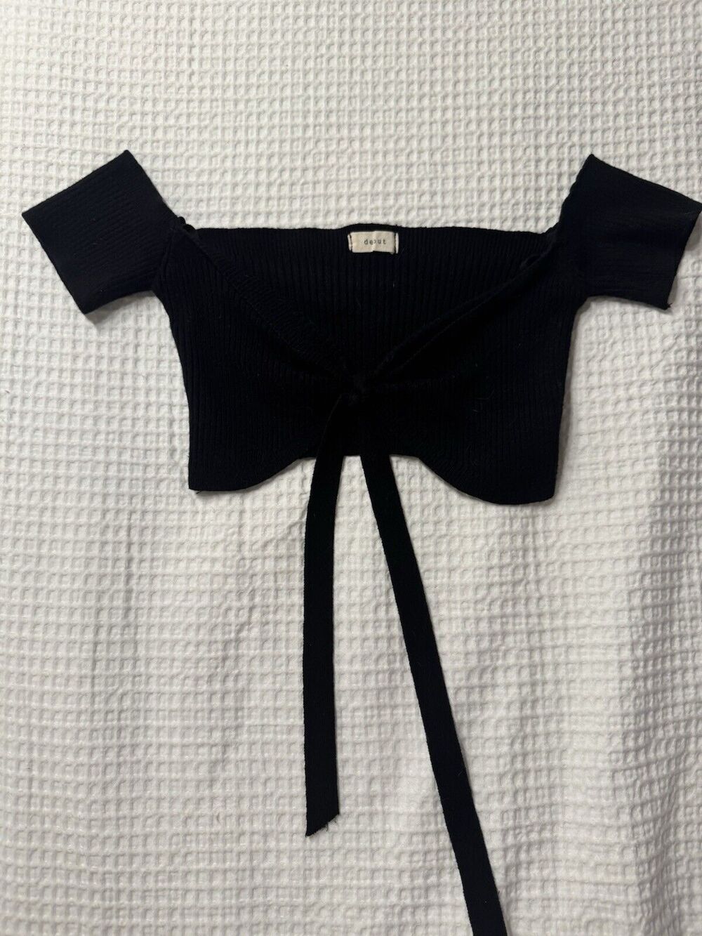 Debut Black Knit Cropped Top Tie Front Made in USA Goth Clean Girl Small/Med